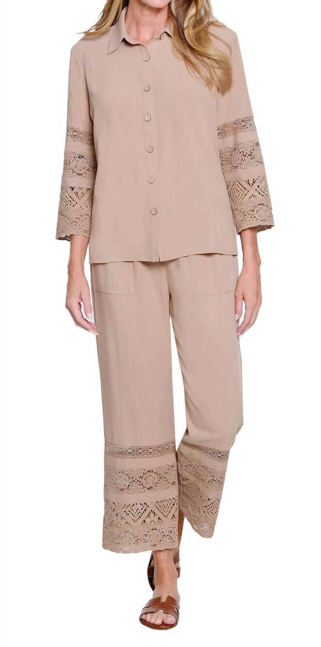 NEW MULTIPLES three quarter sleeve button front shirt with lace trim in khaki